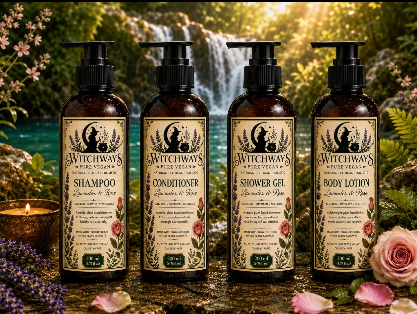 Witchways Pure Vegan Lavender & Rose shampoo, conditioner, shower gel and body lotion bottles beside a waterfall