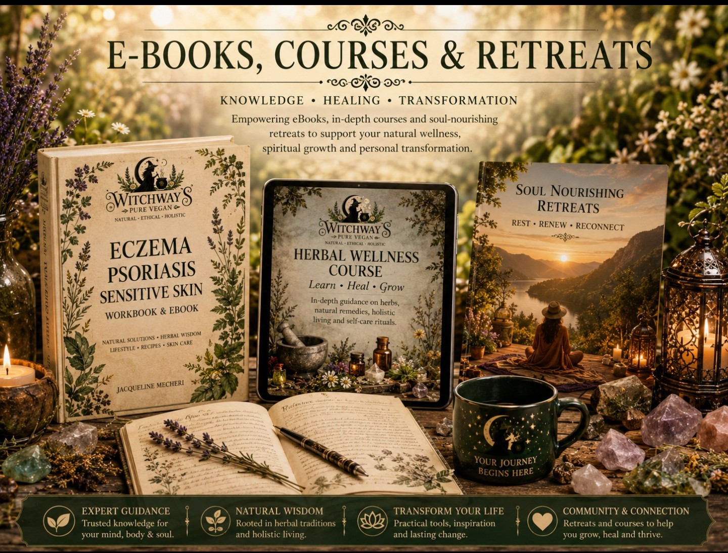 Witchways Pure Vegan e-books, courses and retreats — herbal wellness workbook, tablet course and retreat guide among herbs and candles