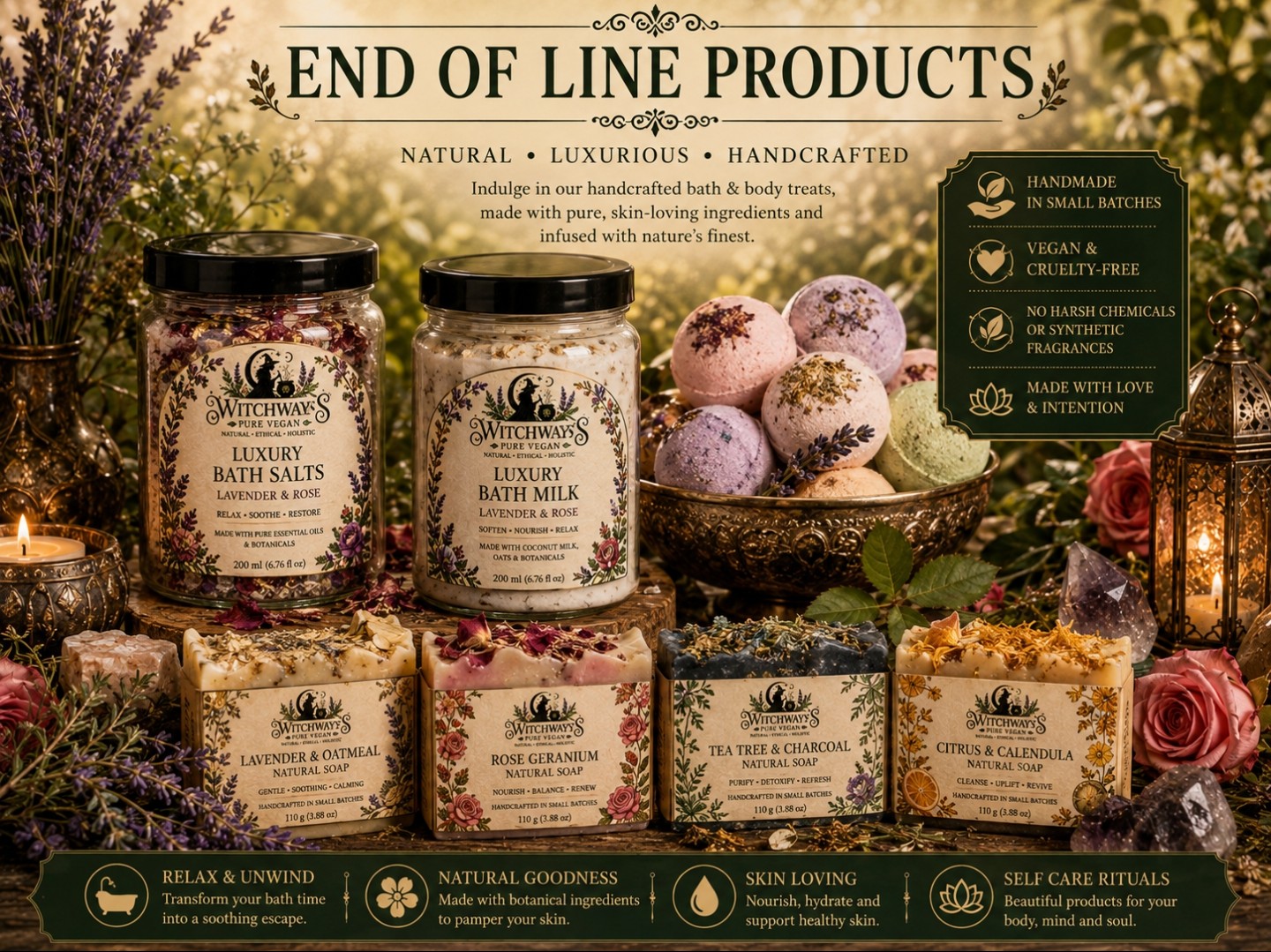 Witchways Pure Vegan end of line products — luxury bath salts, bath milk, bath bombs and natural soaps