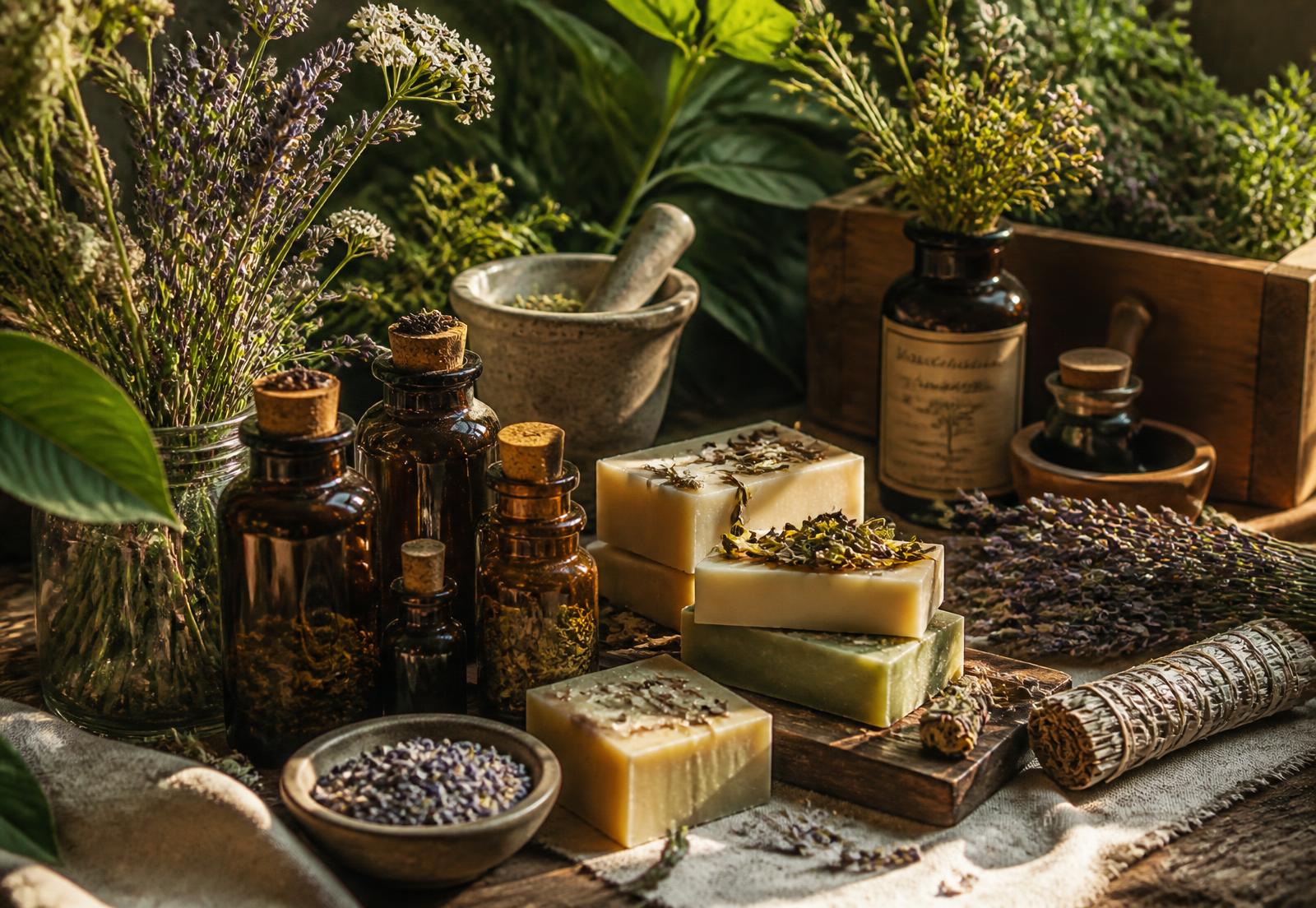 Handmade vegan soaps, amber apothecary bottles, lavender and herbs on a wooden table